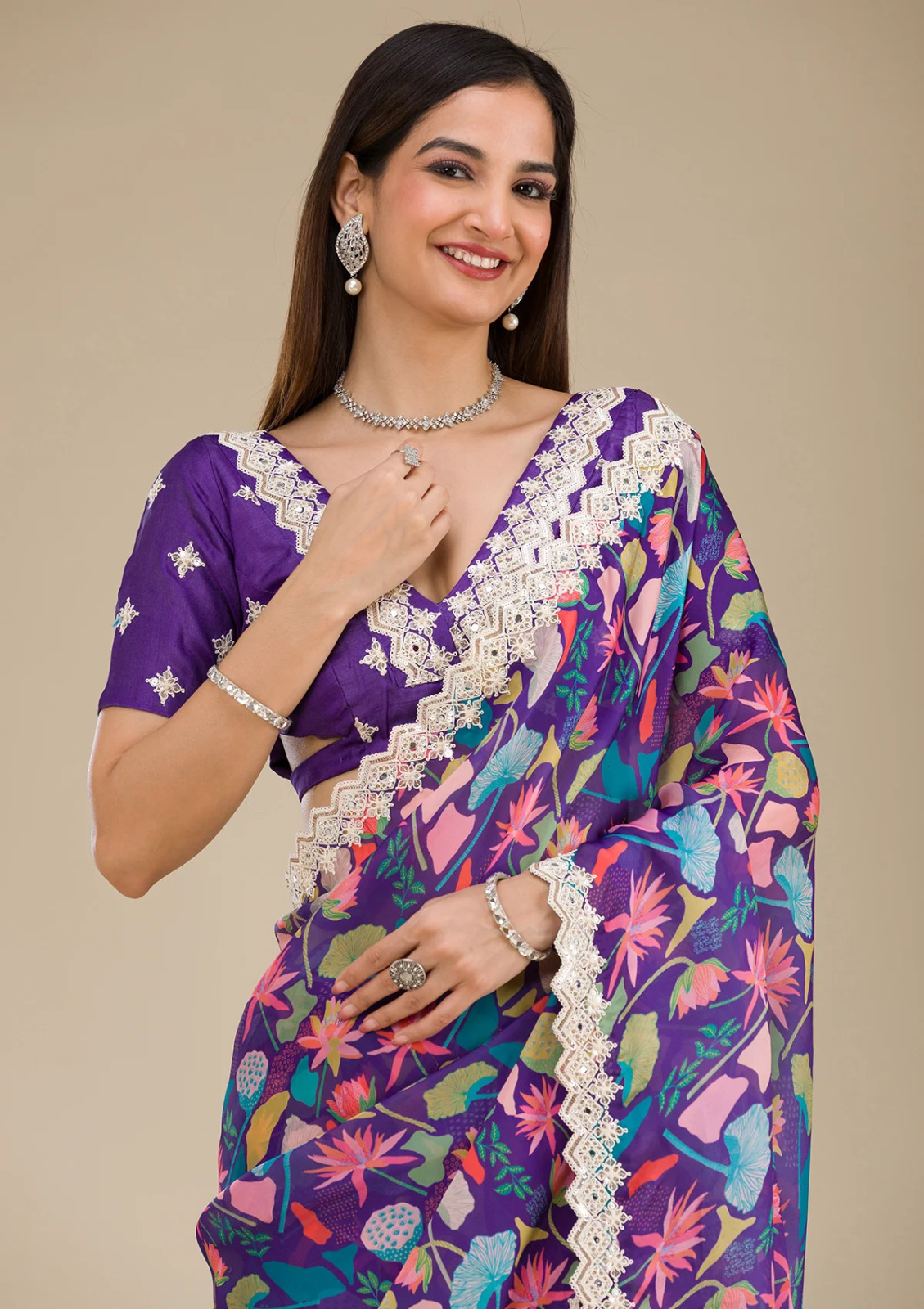 Bollywood-Inspired Purple Georgette Saree with Embroidery & Sequins – Maharashtrian Glam with a Starry Twist Lights. Camera. Laavani Glamour!