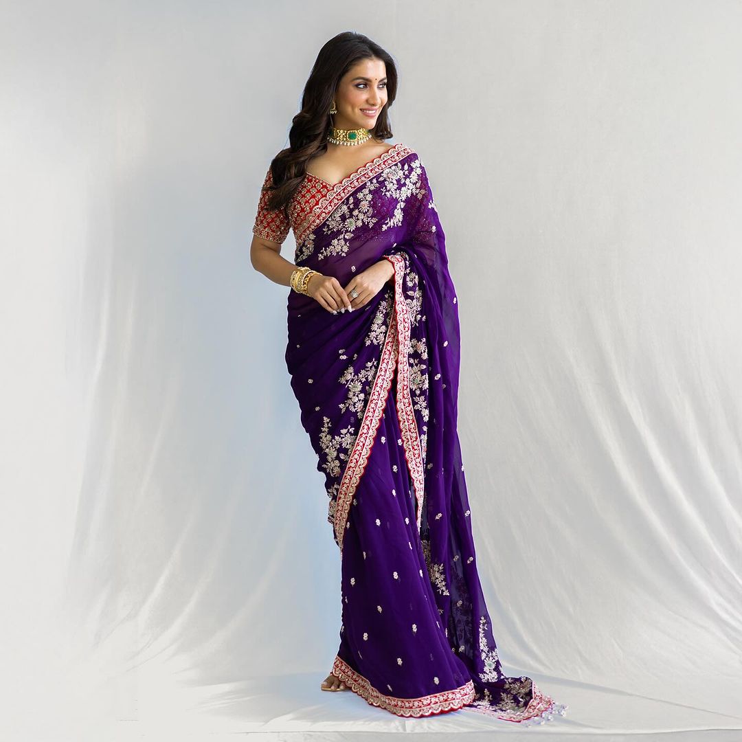 Royal Purple Georgette Saree with Heavy Sequence Work – Rajasthani Elegance with a Festive Touch Traditional Roots. Royal Looks.