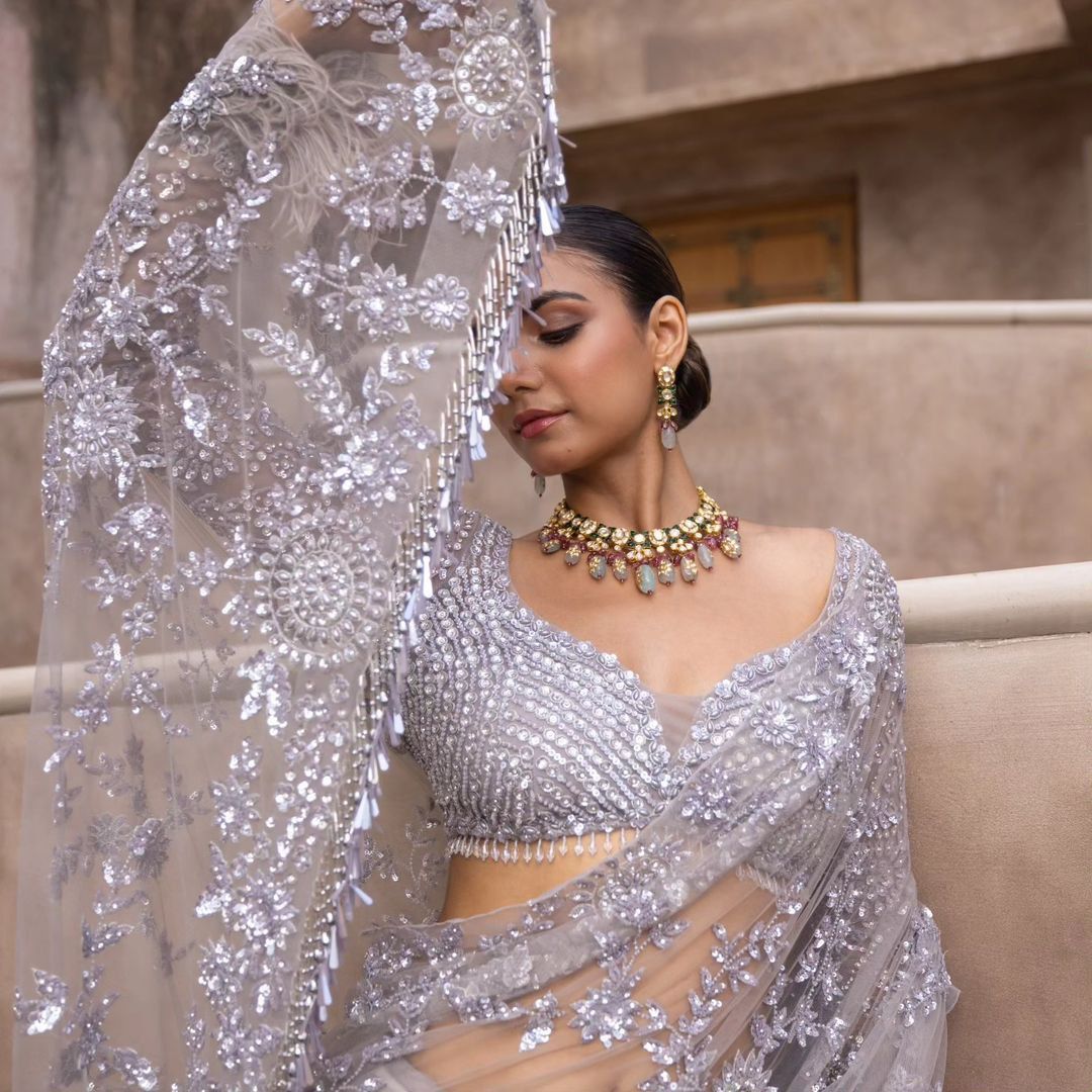 White Butterfly Net Saree with Multicolor Sequin Work – A Glamorous Bollywood-Inspired Look Elegant. Enchanting. Effortlessly Glam.