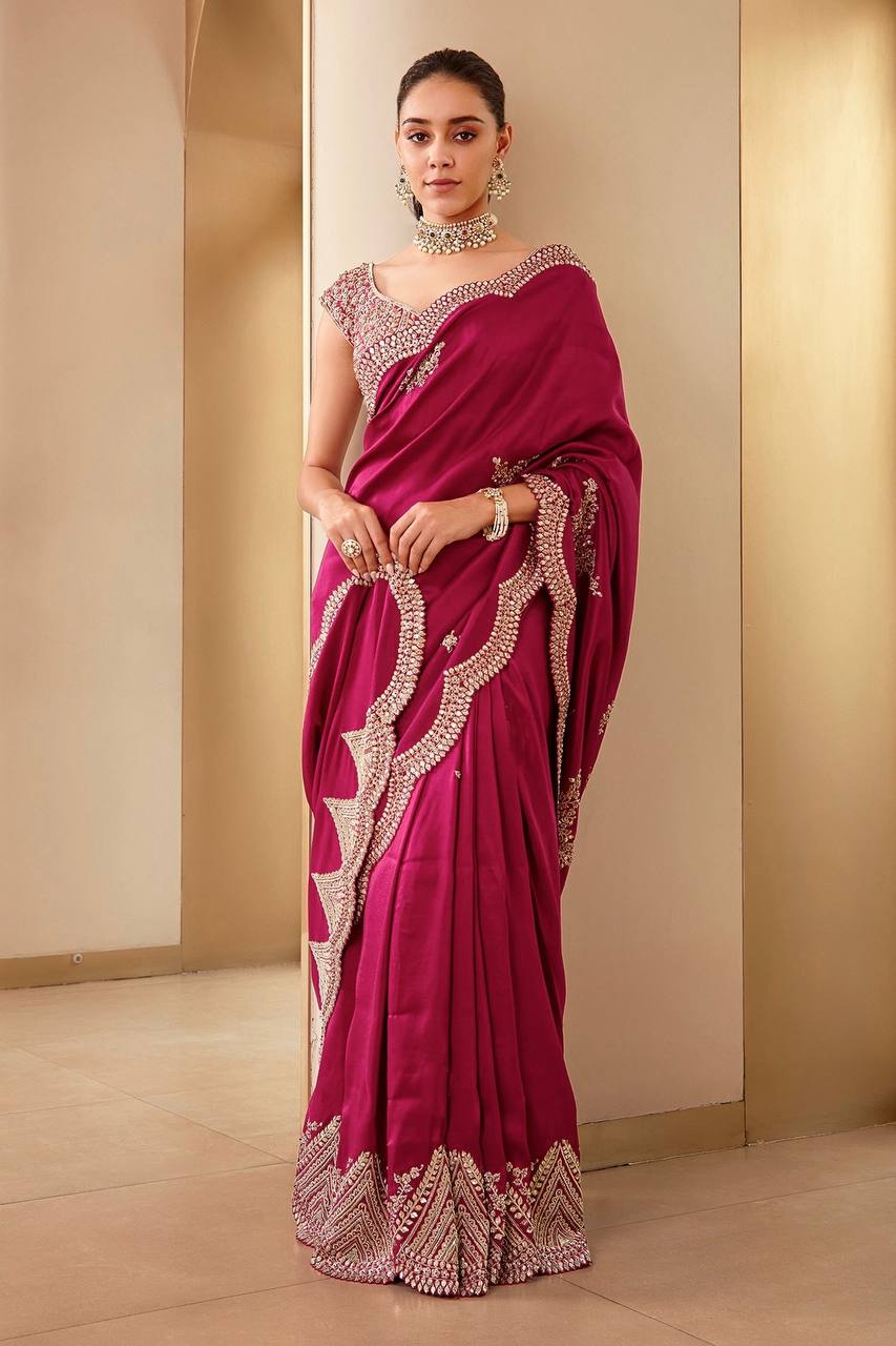 Vibrant Cherry Two-Tone Vichitra Silk Saree – Perfect for Gujarati Festive Flair