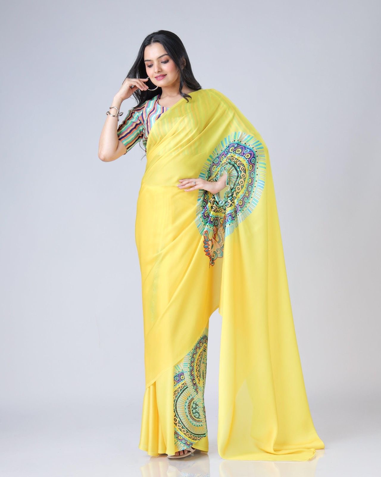 Summer Special Hands-Free Ready-to-Wear Saree in Japan Satin with Peacock Digital Print