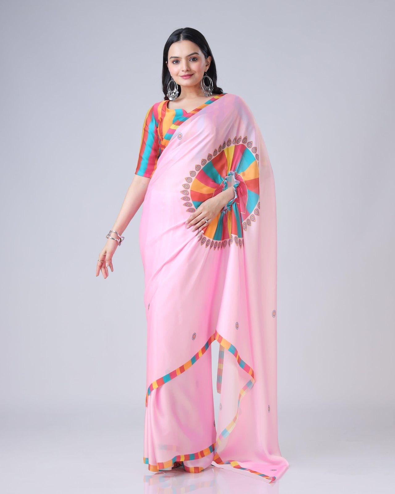 Ready-to-Wear Pink Digital Print Saree with Multicolor Blouse – Japan Satin Fabric