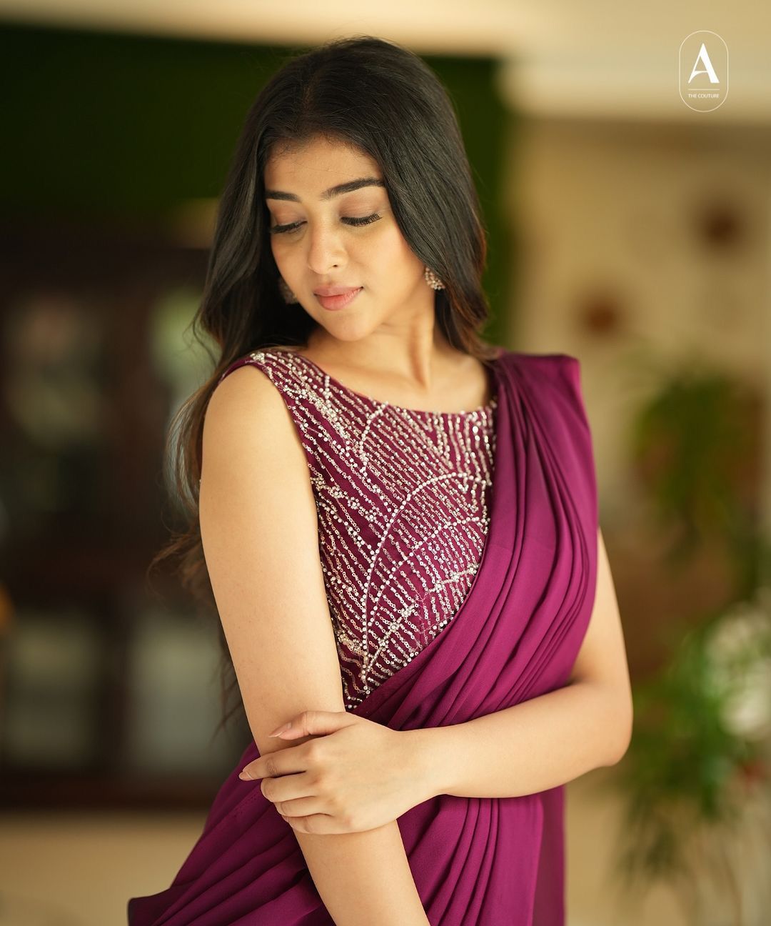 Elegant Magenta Ruffle Saree with Hand-Embroidered Blouse – Festive & Party Ready