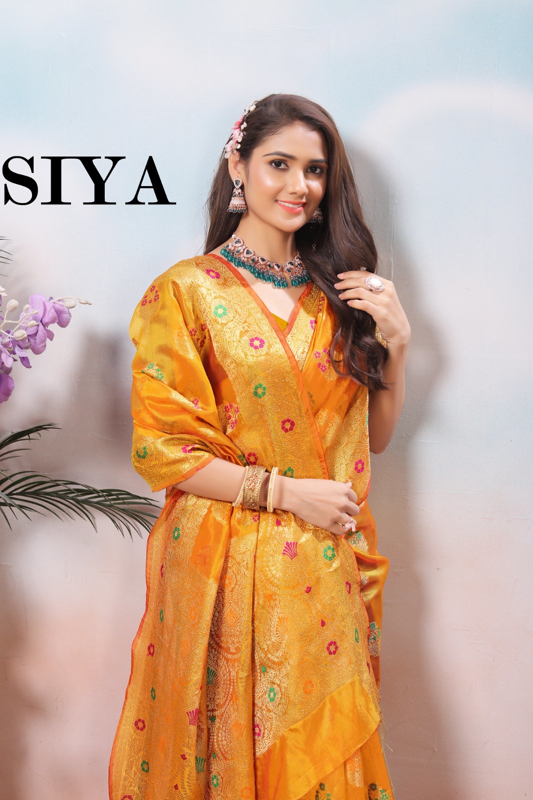 Radiant Orange-Yellow Organza Silk Saree with Rich Pallu & Jacquard Blouse