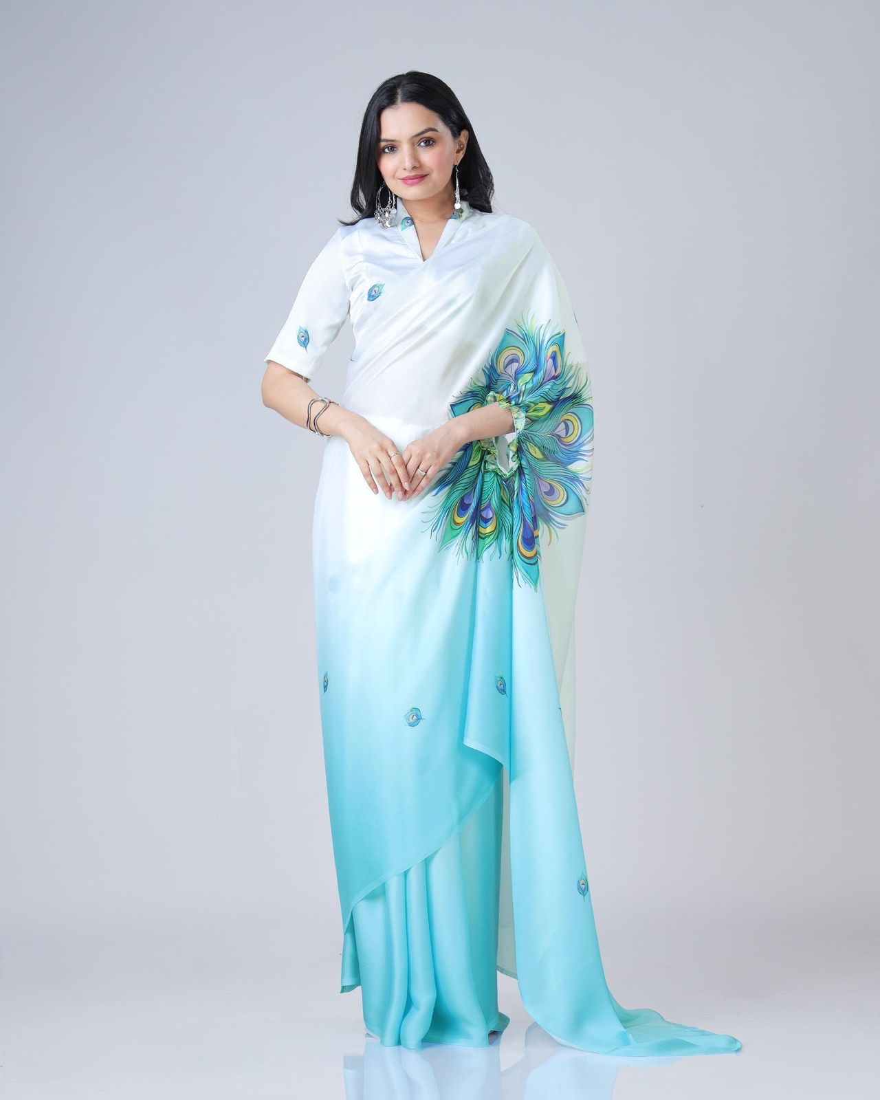 Sky Blue Ready-to-Wear Digital Print Saree in Japan Satin