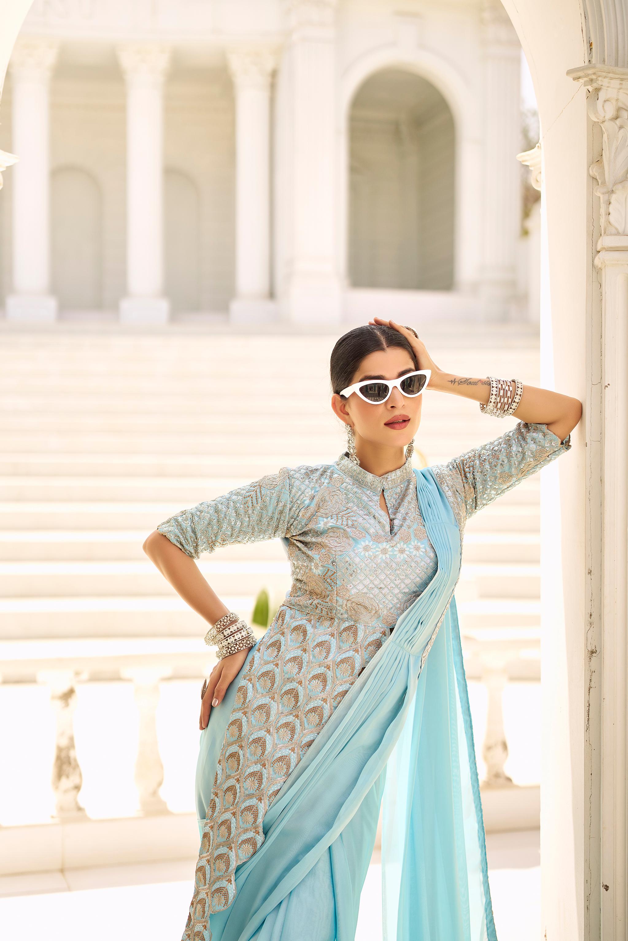 Elegant Chinon Ready-to-Wear Saree with Fully Embroidered Blouse 