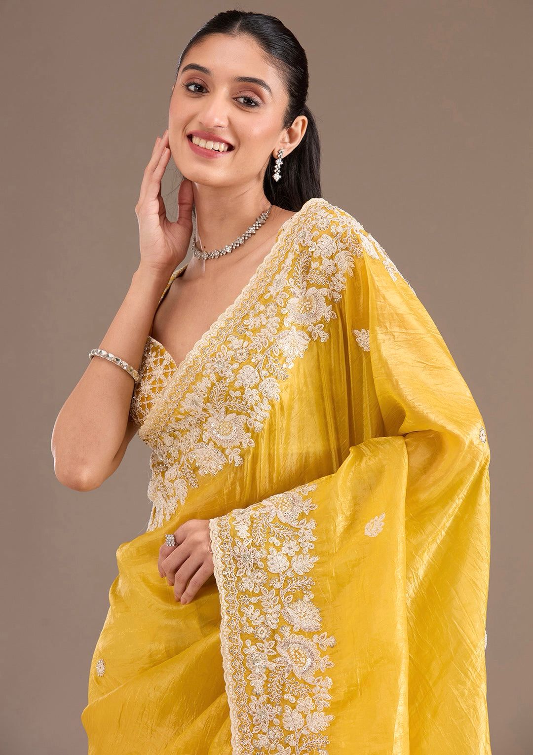 Premium Yellow Gold Crush Embroidered Saree with CutWork Border