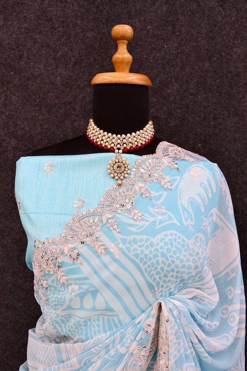 Light Blue Georgette Saree with Digital Print & Embroidery Work