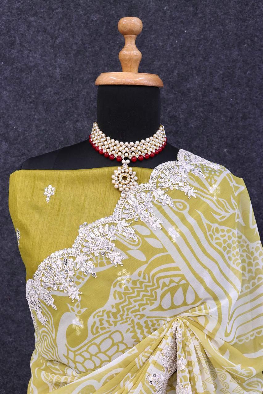 Lemon Yellow Georgette Saree with Digital Print & Embroidery Work