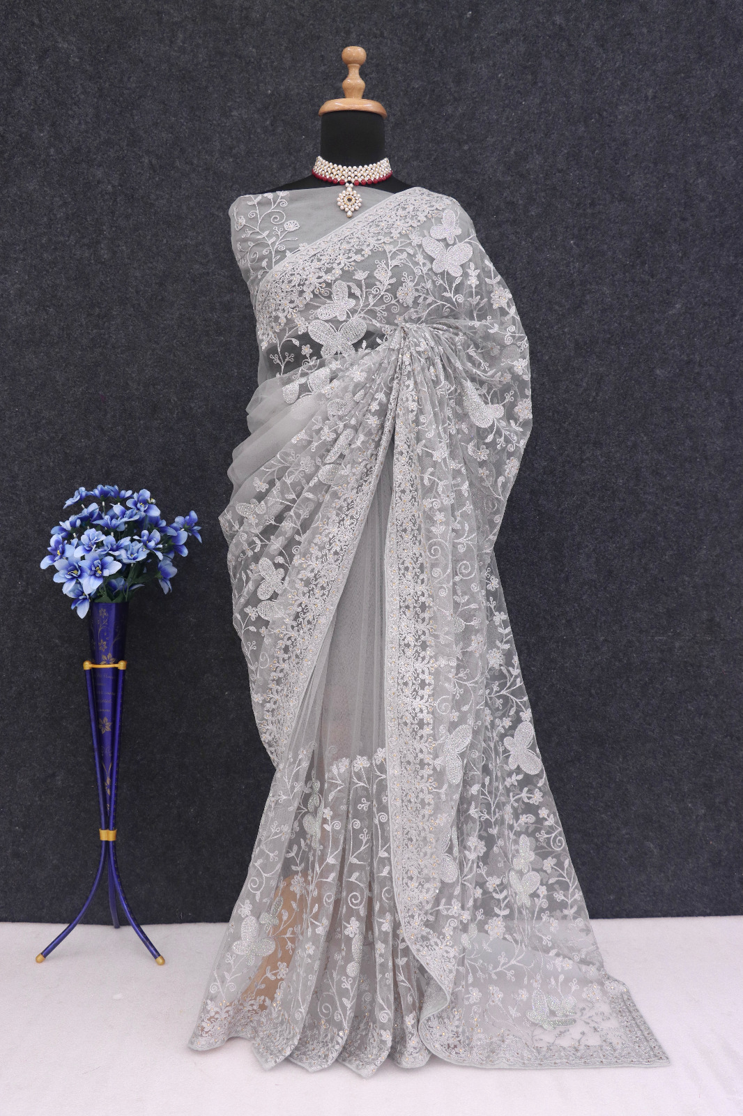 Silver Grey Heavy Butterfly Net Chikankari Saree with Aari Embroidery & Stone Work
