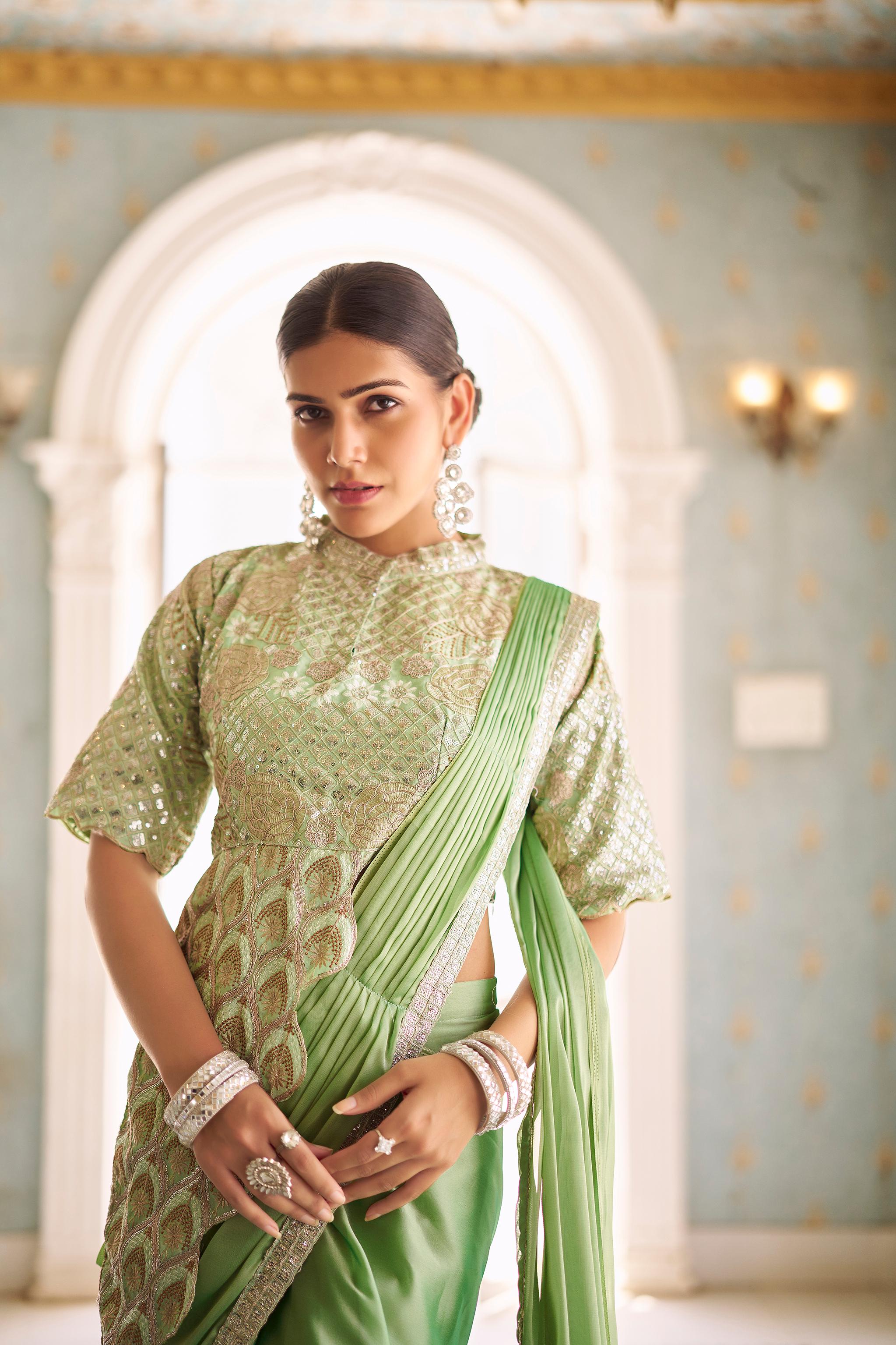 Green Chinon Embroidered Ready-to-Wear Saree with Heavy Blouse