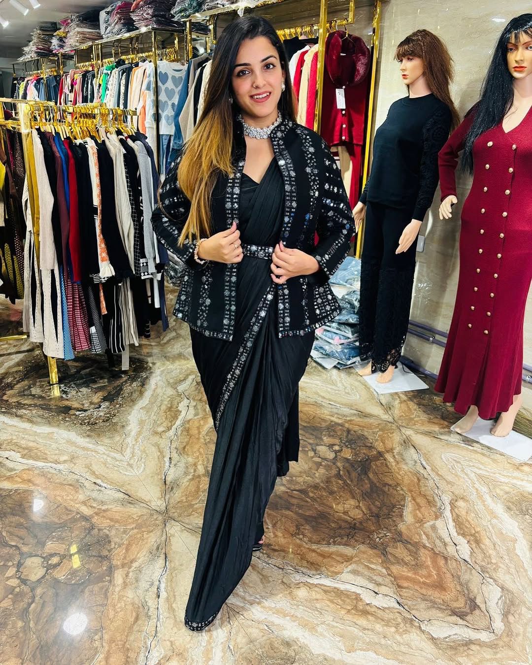 Ready-to-Wear Satin Saree with Embroidered Jacket & Belt