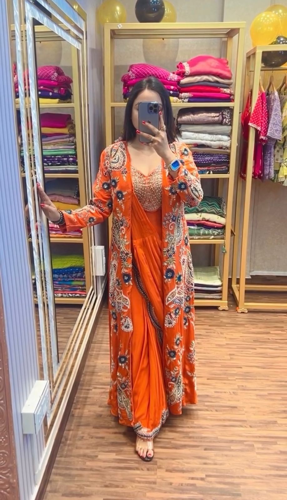 Premium Ready-to-Wear Chinon Saree Set with Embroidered Blouse & Koti