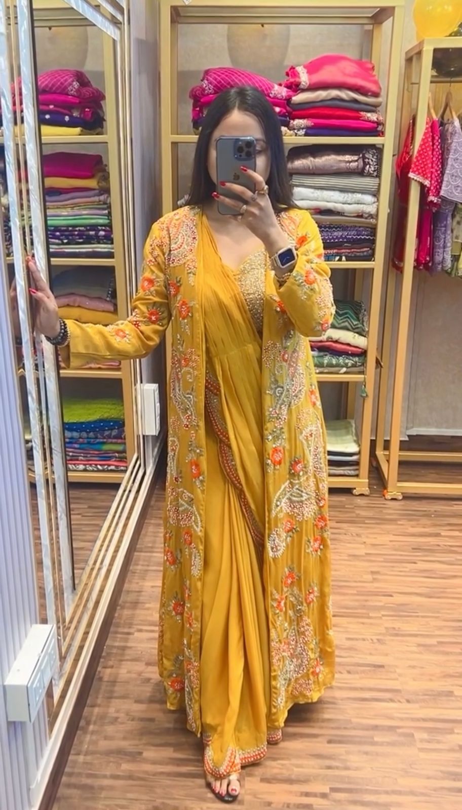 Premium Ready-to-Wear Chinon Saree Set with Embroidered Blouse & Koti