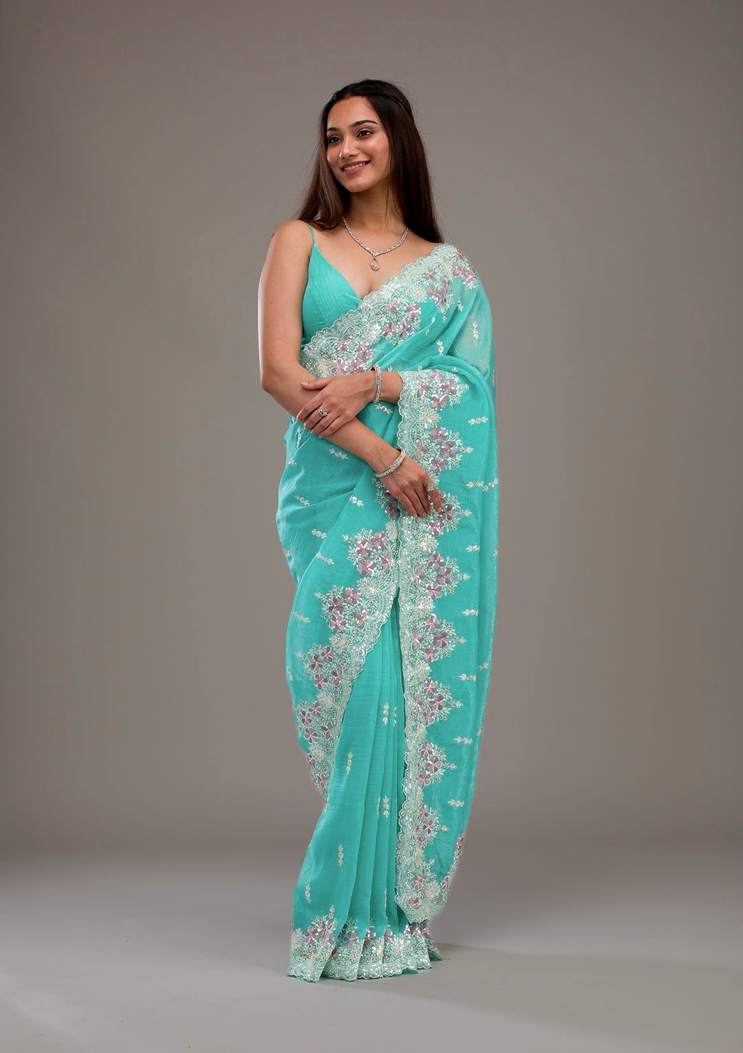 Premium Crunchy Saree with Heavy Embroidery & Fancy CutWork