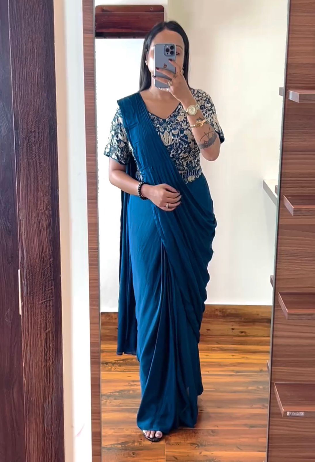 Blue Heavy Chinon Ready-to-Wear Saree with Embroidered Belt & Blouse – Elegant Party Look