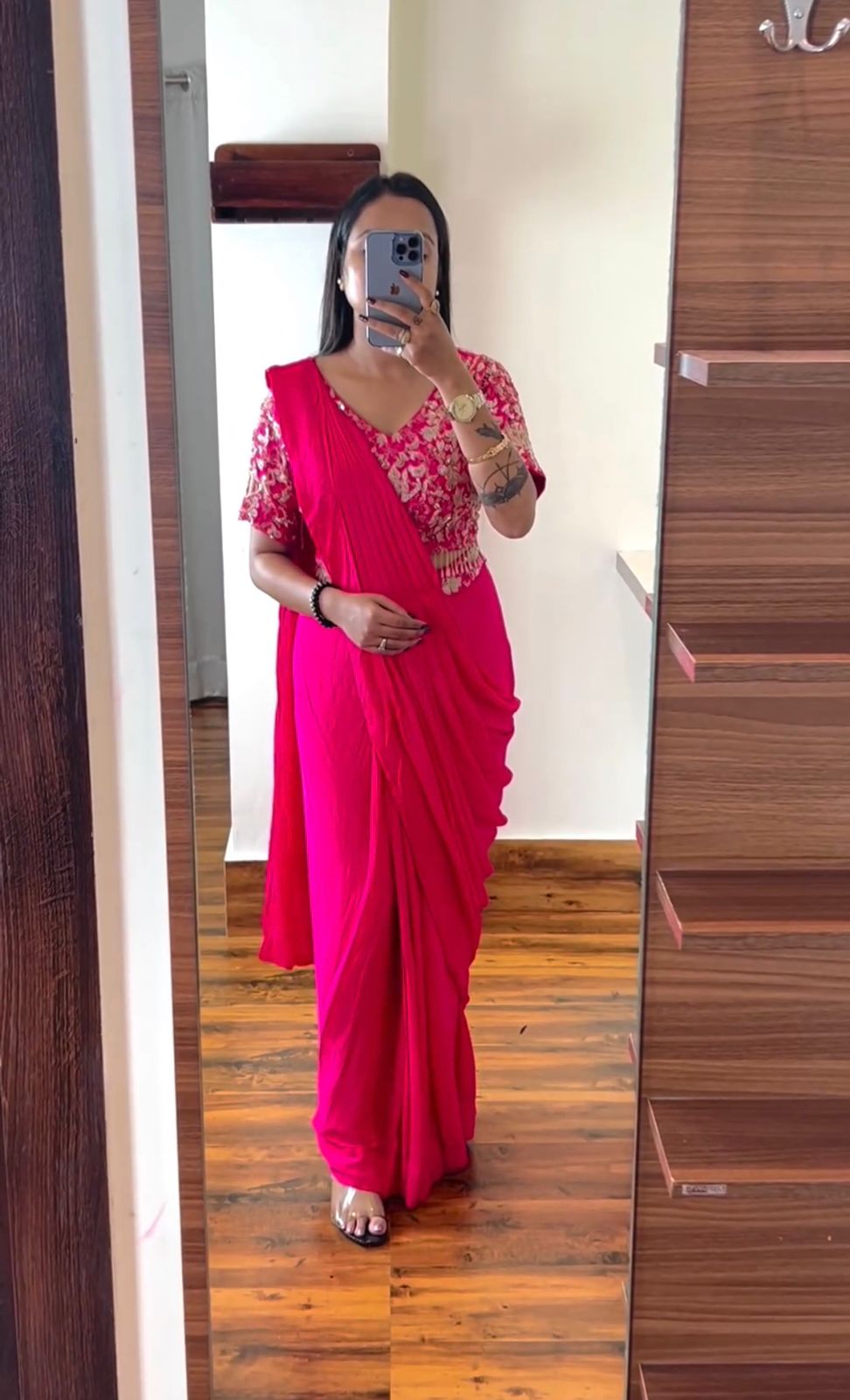 Elegant Red Pre-Stitched Chinon Saree with Intricately Embroidered Banglori Blouse & Belt