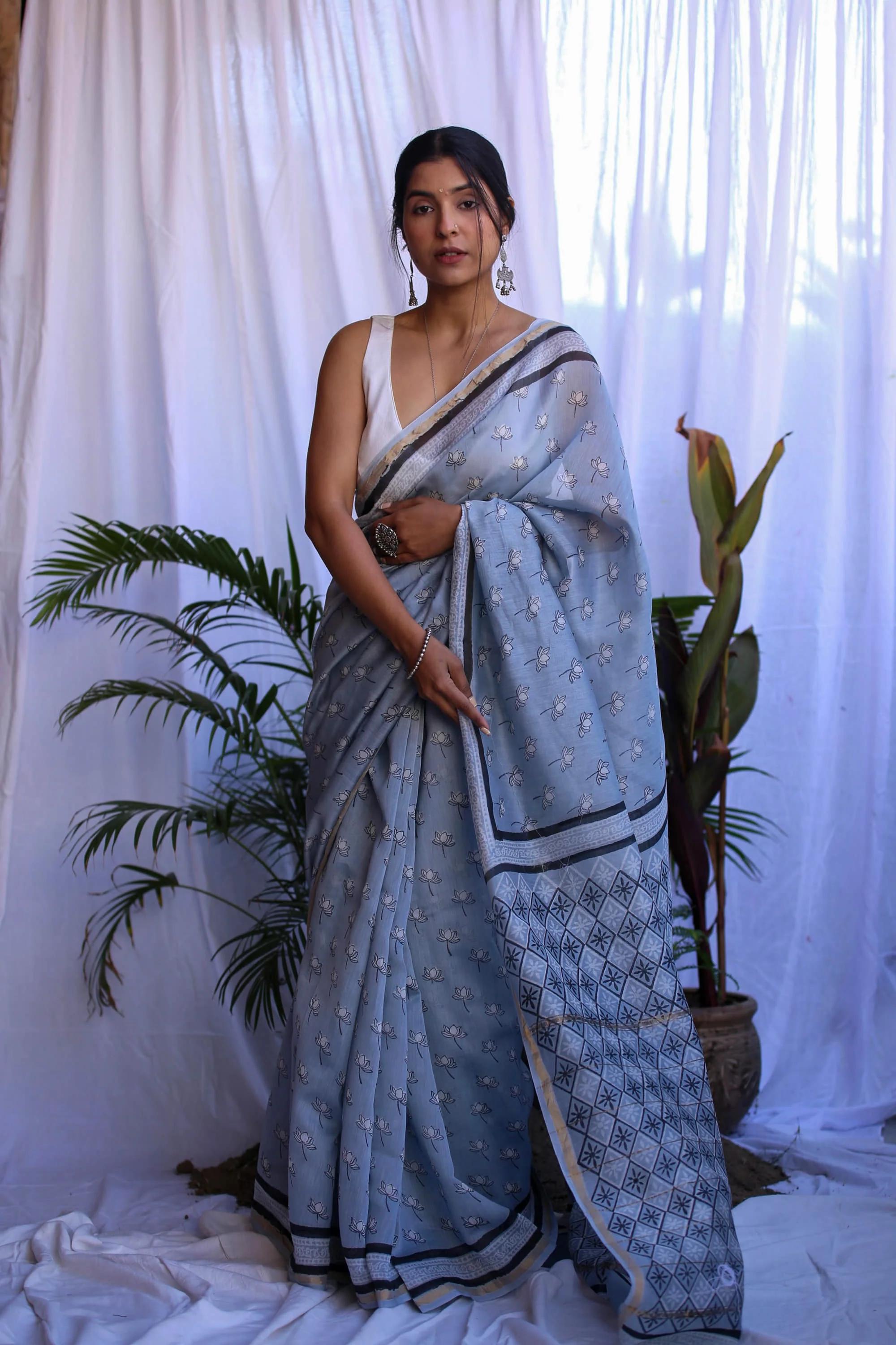 Elegant Light Blue Handblock Style Printed Saree in Soft Cotton Blend