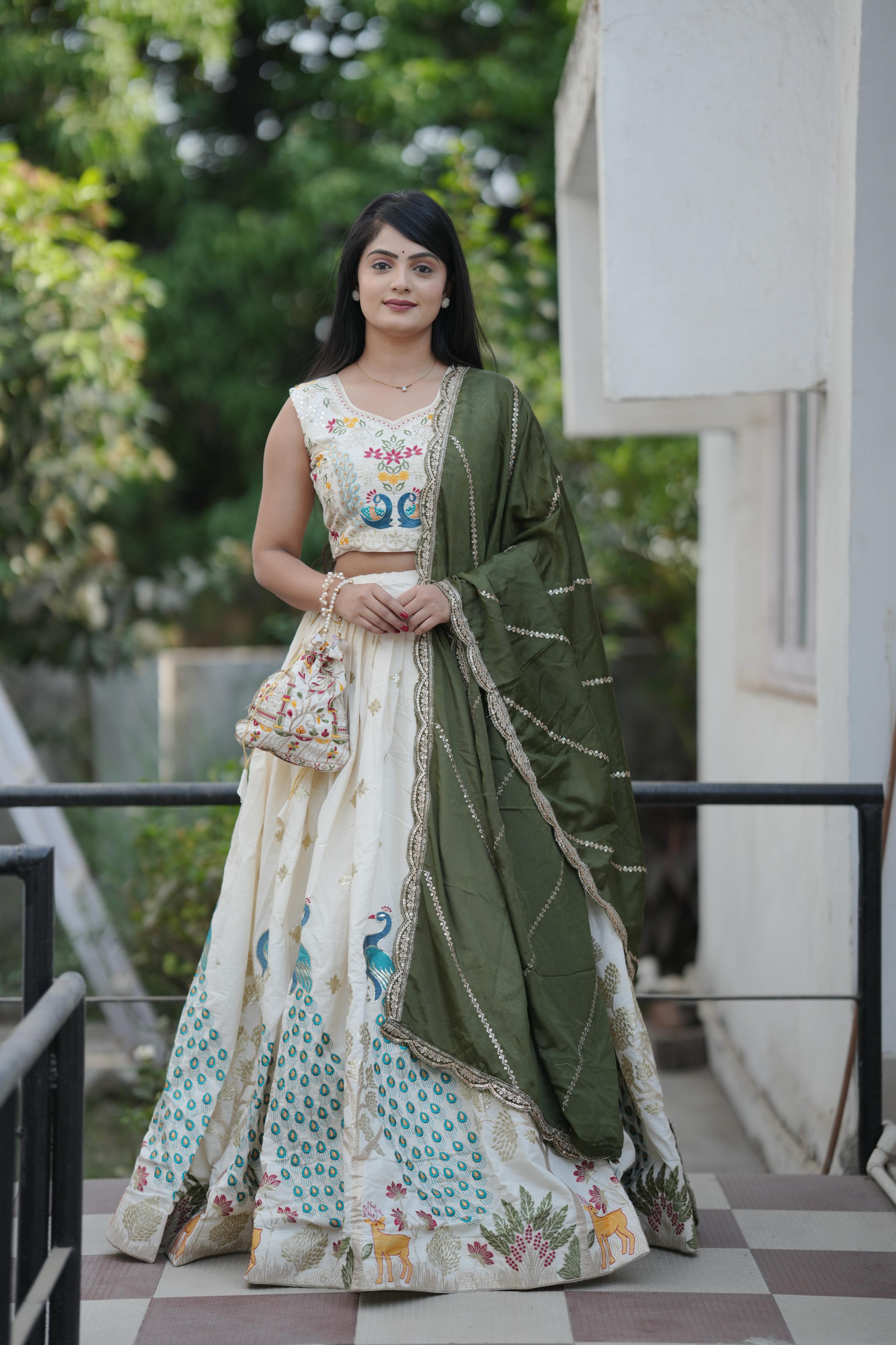 Elegant Cream Embroidered Lehenga Choli with Olive Green Dupatta – Pawan Collections