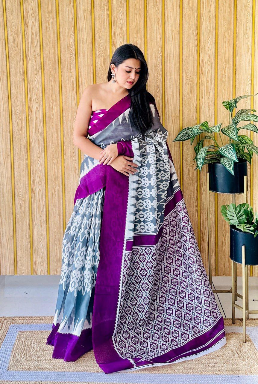 Gray & White Ikat Digital Print Heavy Linen Saree with Deep Purple Border and Pallu