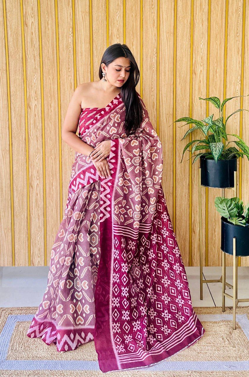 Light Purple-Pink Digital Print Heavy Linen Saree with Magenta Border