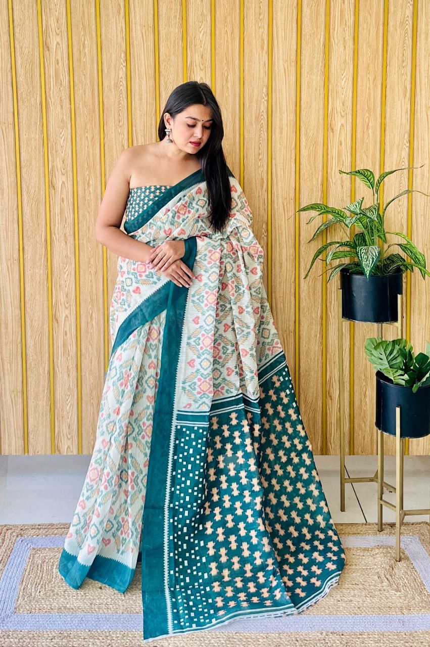 Off-White Heavy Linen Saree with Green & Peach Geometric Digital Print