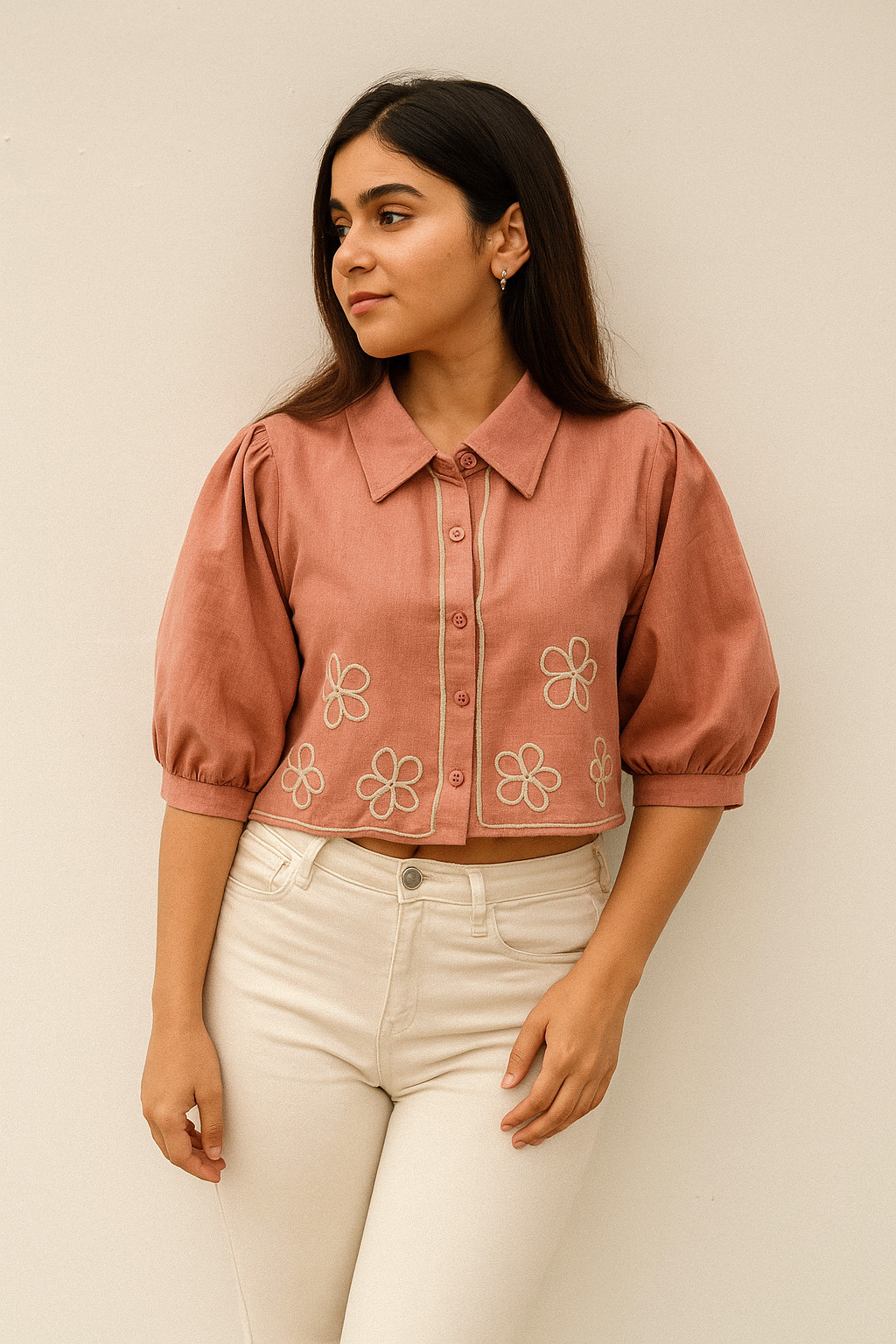 Dusty Rose Pink Embroidered Crop Top – Puff Sleeve Button-Down Cotton Shirt