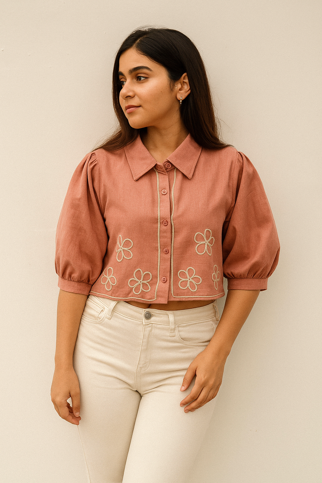 Dusty Rose Pink Embroidered Crop Top – Puff Sleeve Button-Down Cotton Shirt