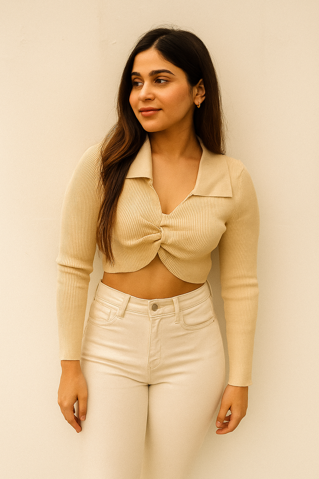 Beige Ribbed Twist-Front Crop Top – Long Sleeve Knit Shirt
