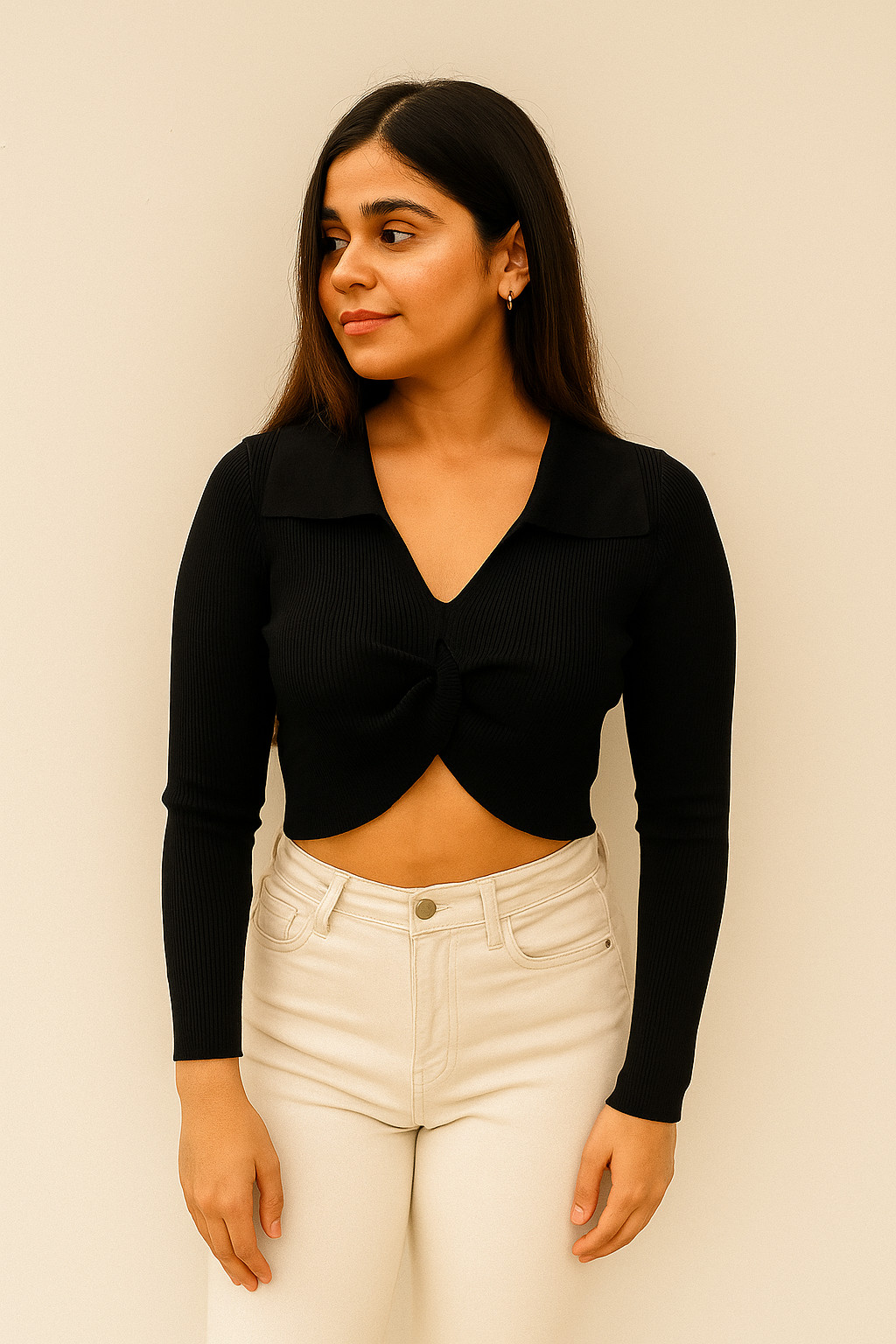 Black Ribbed Twist-Front Crop Top – Long Sleeve Collared Knit Shirt