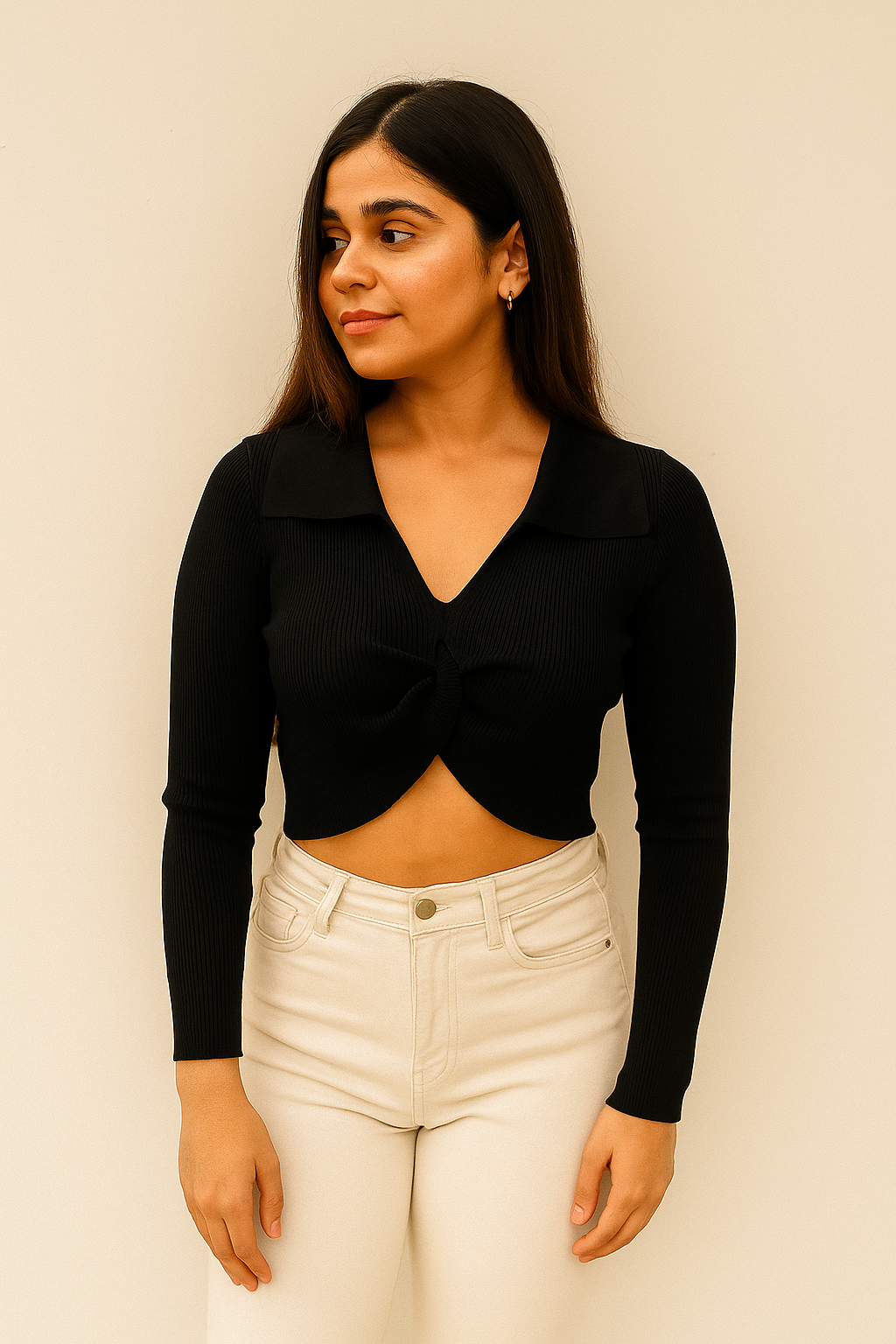 Black Ribbed Twist-Front Crop Top – Long Sleeve Collared Knit Shirt