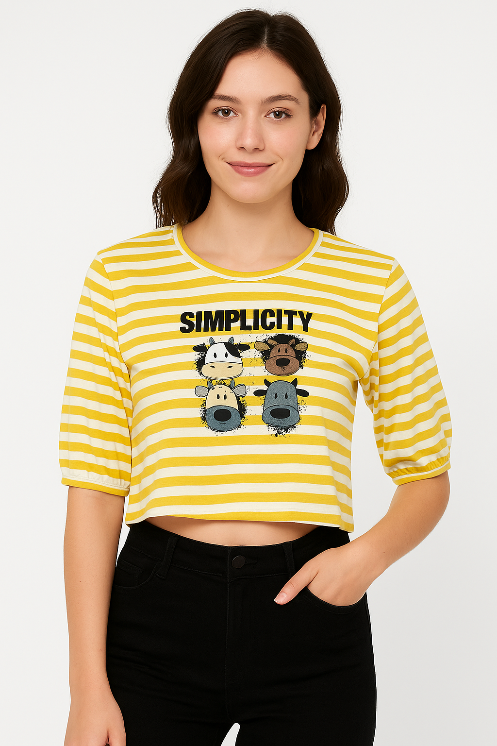 Yellow & White Striped “SIMPLICITY” Cartoon Tee – Playful Everyday Style