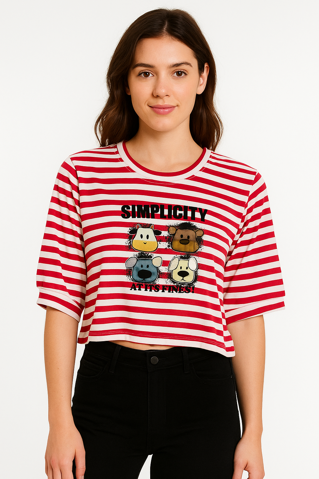 Red & White Striped “SIMPLICITY” Cartoon Tee – Cute & Quirky Everyday Style