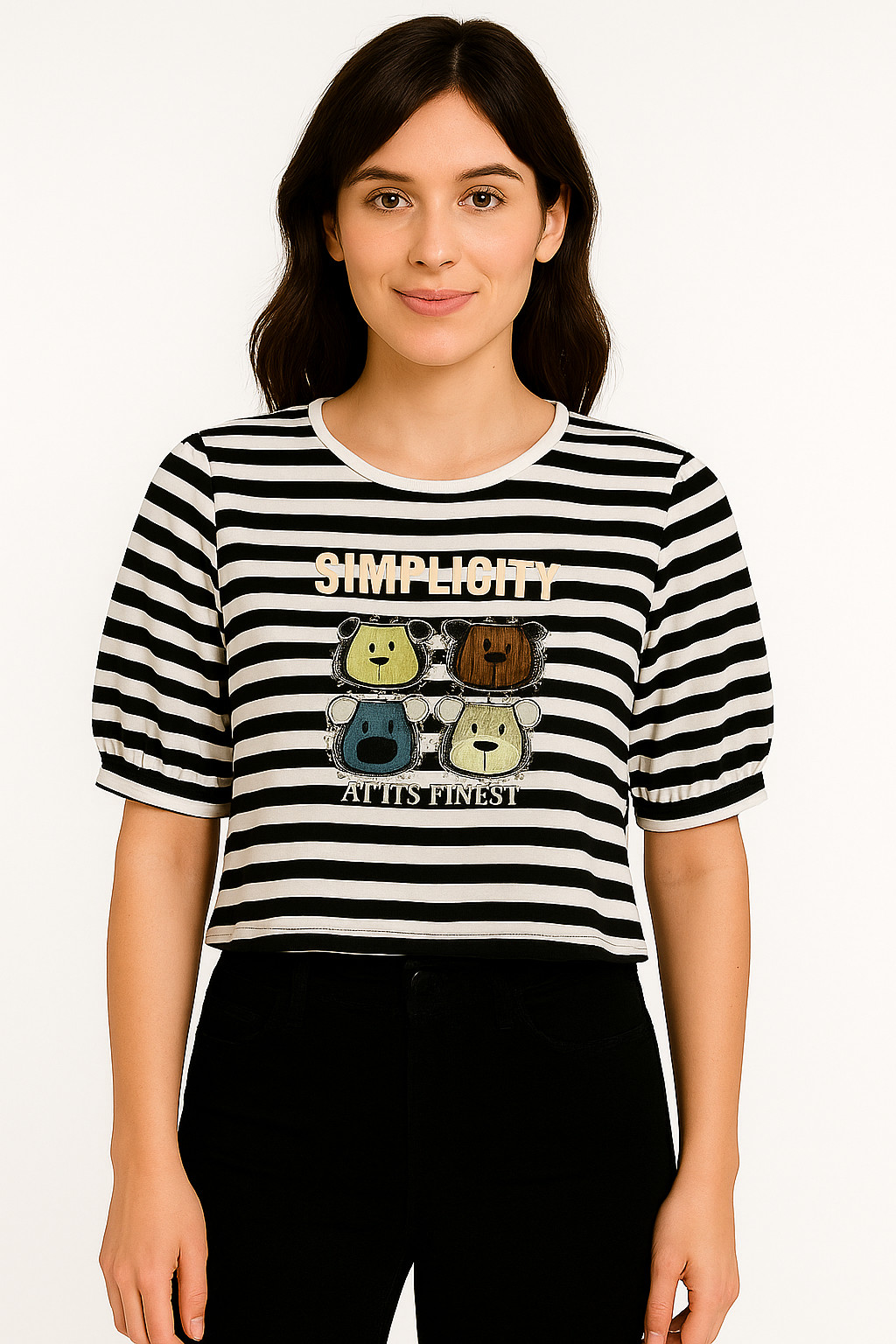 Black & White Striped “SIMPLICITY” Cartoon Tee – Fun & Playful Graphic Top