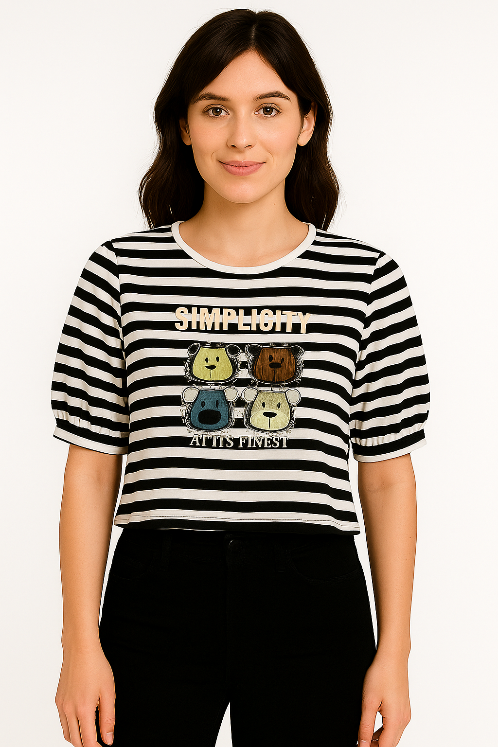 Black & White Striped “SIMPLICITY” Cartoon Tee – Fun & Playful Graphic Top