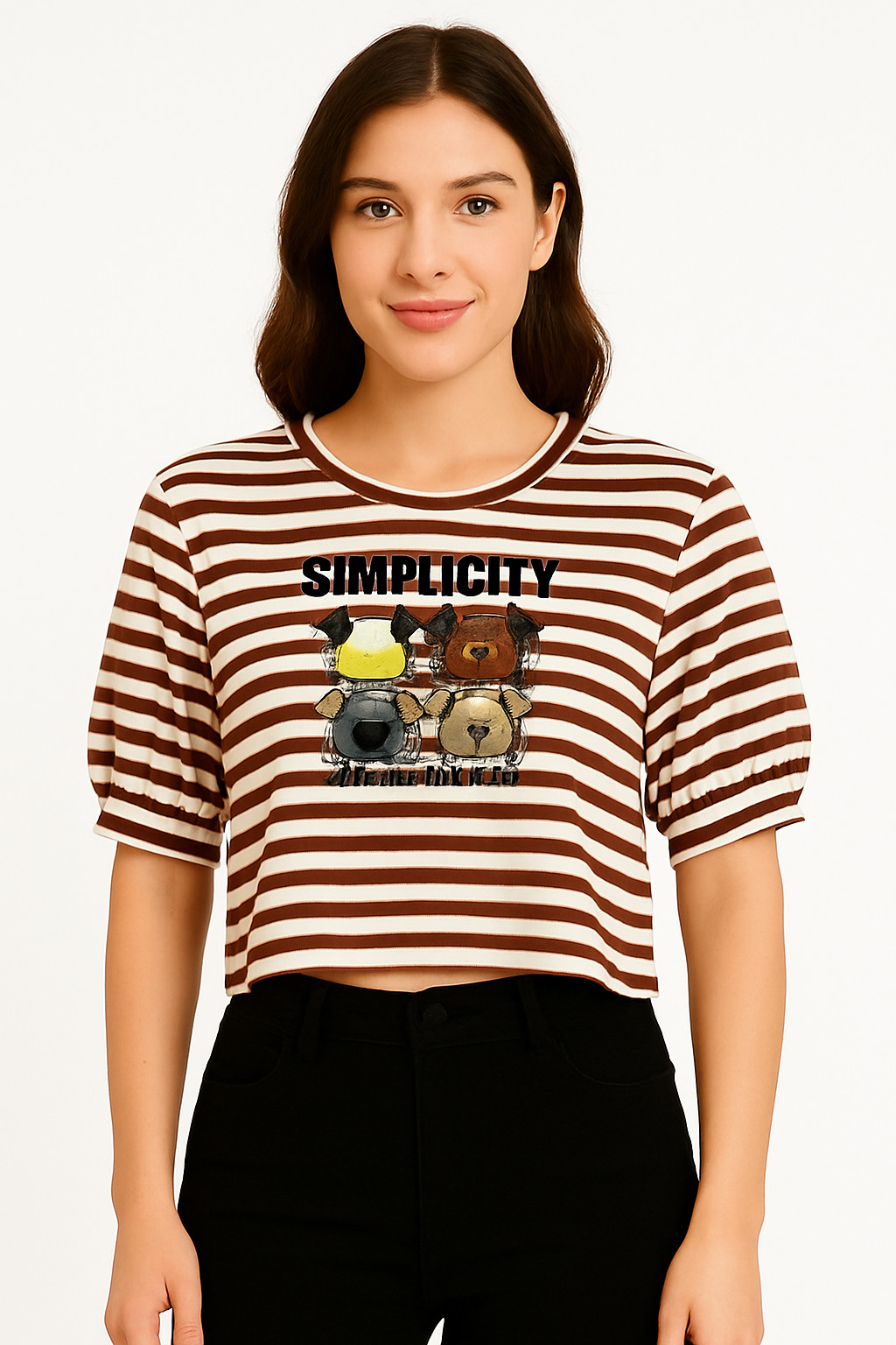 Brown & White Striped “SIMPLICITY” Cartoon Tee – Casual Cotton Top with Fun Graphic