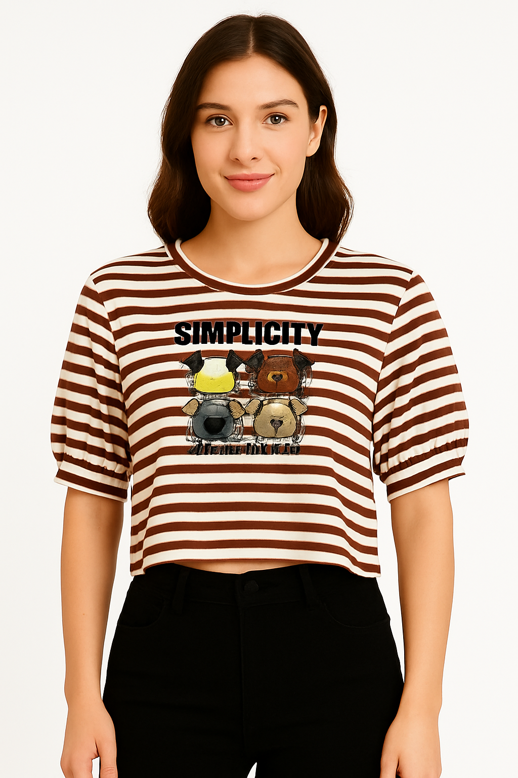 Brown & White Striped “SIMPLICITY” Cartoon Tee – Casual Cotton Top with Fun Graphic