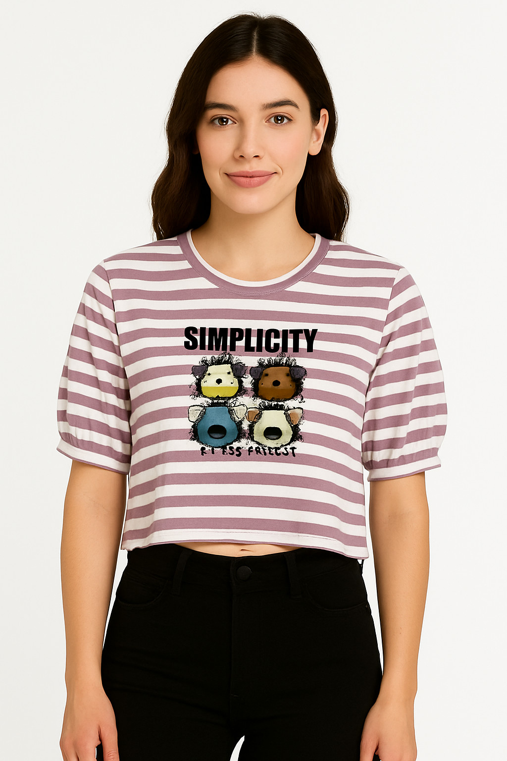 Mauve & White Striped “SIMPLICITY” Cartoon Tee – Quirky Graphic Cotton T-Shirt