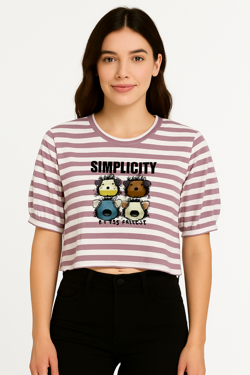 Mauve & White Striped “SIMPLICITY” Cartoon Tee – Quirky Graphic Cotton T-Shirt
