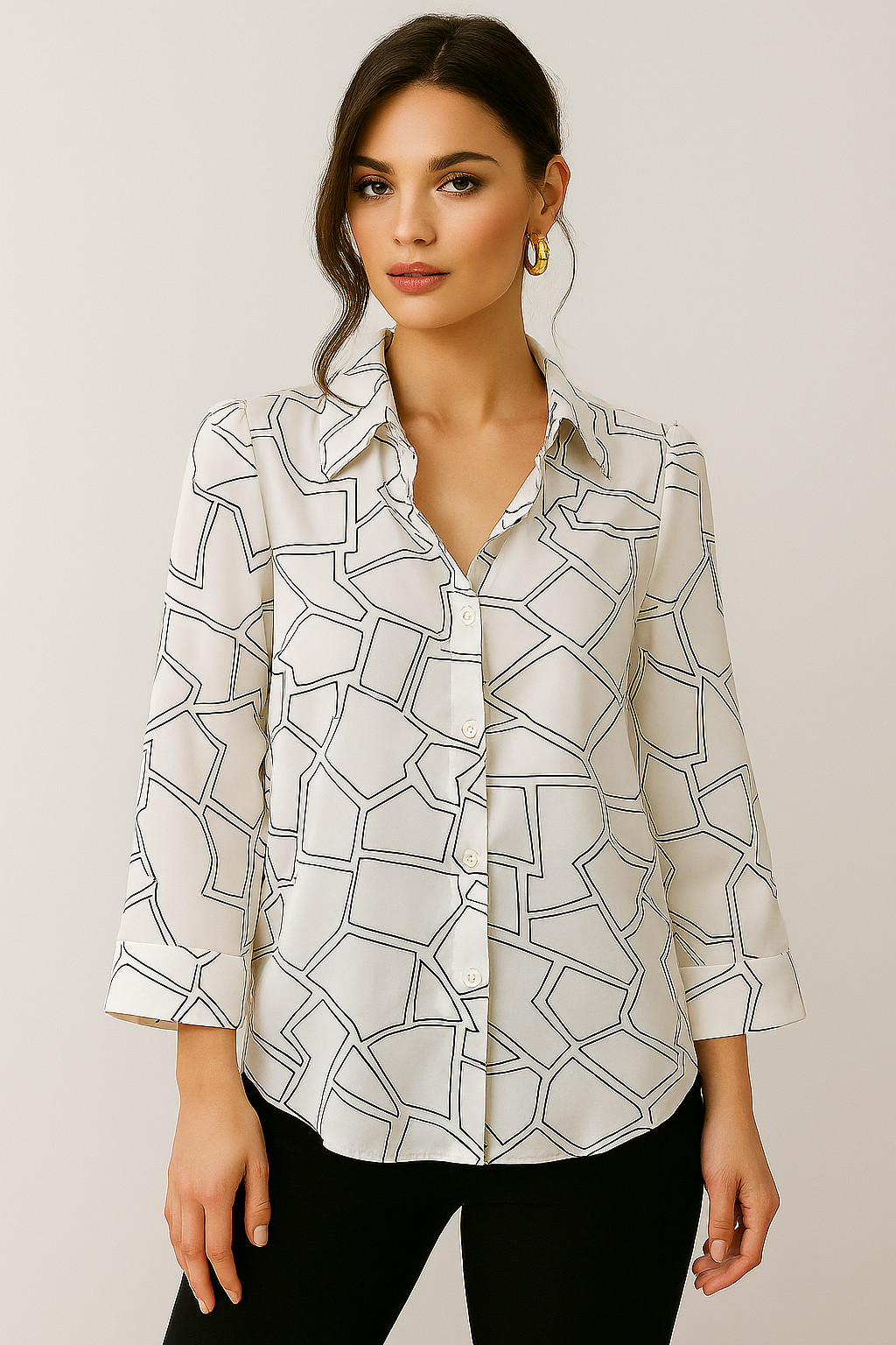 Abstract Line Print White Shirt – Contemporary Casual Style for Women