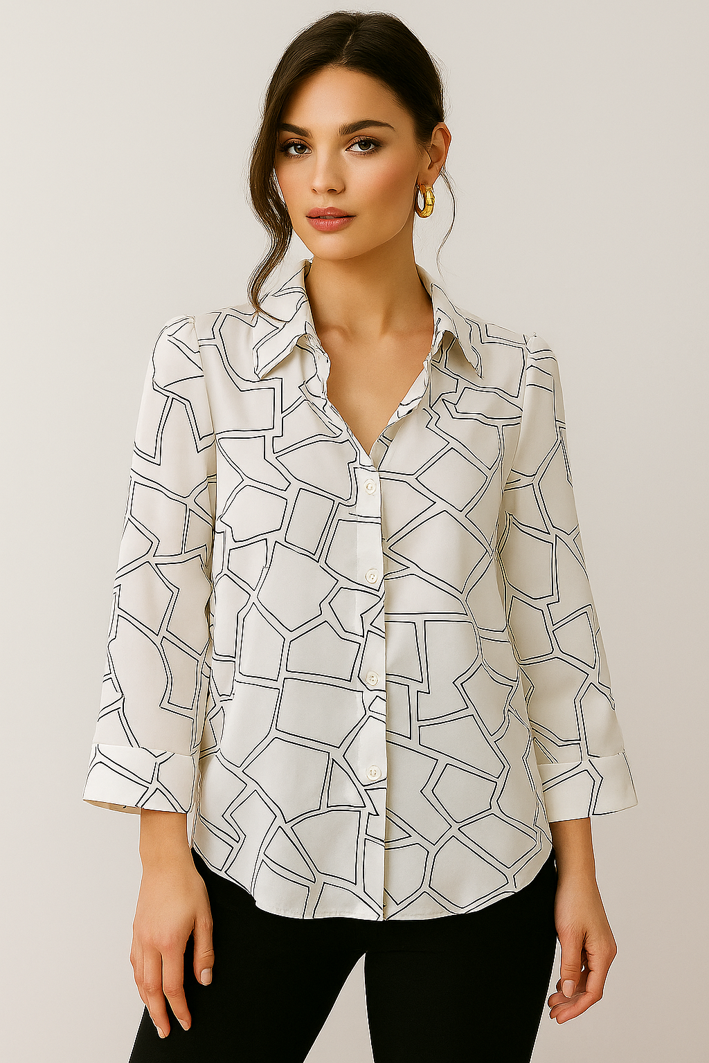 Abstract Line Print White Shirt – Contemporary Casual Style for Women