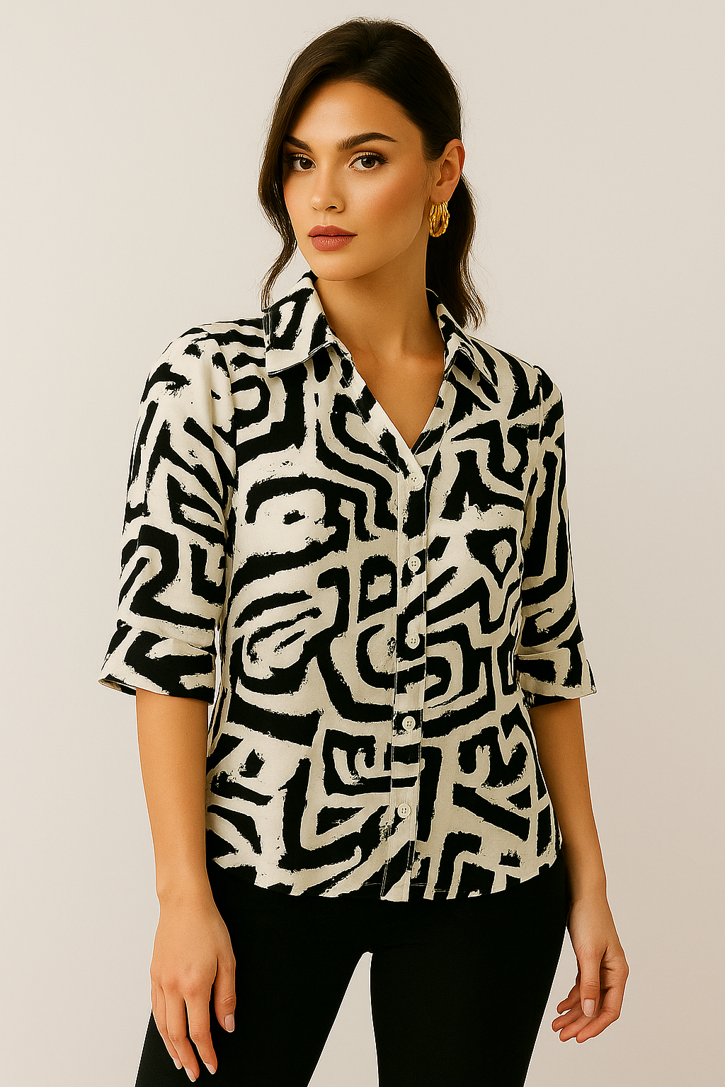 Black & White Abstract Brushstroke Print Shirt – Trendy Casual Button-Down