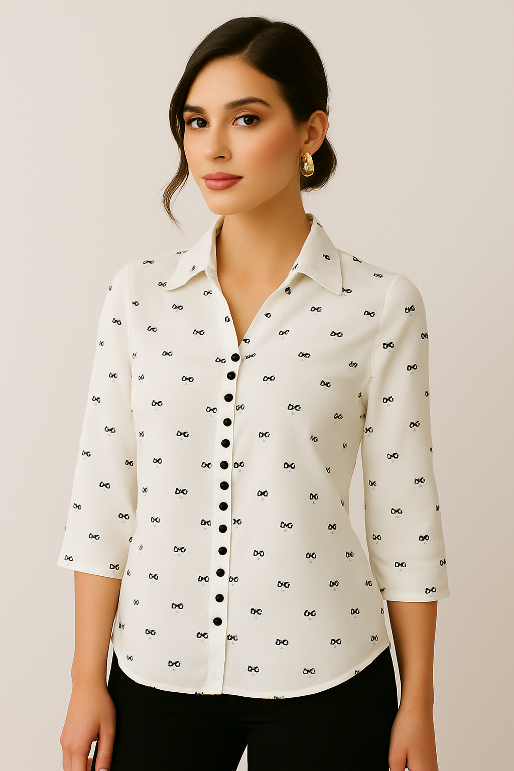 White Printed Top with Black Bow Motifs & Button Detailing – Elegant Casual Shirt for Women