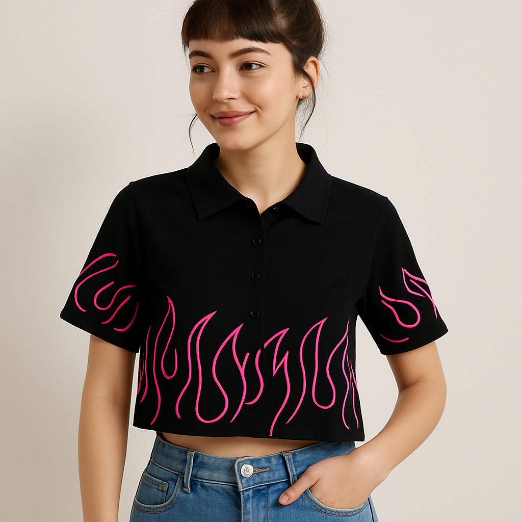 Black Crop Top with Vibrant Pink Flame Print – Women’s Edgy Street Style Shirt