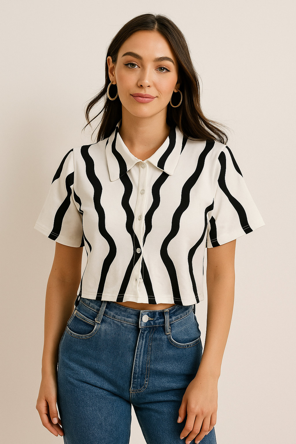 Zebra Print Collared Crop Top – Black & White Casual Beachwear Shirt for Women