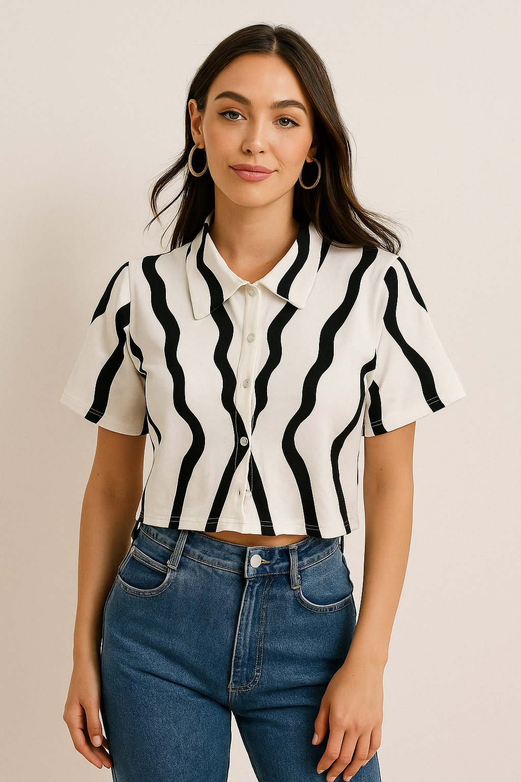Zebra Print Collared Crop Top – Black & White Casual Beachwear Shirt for Women