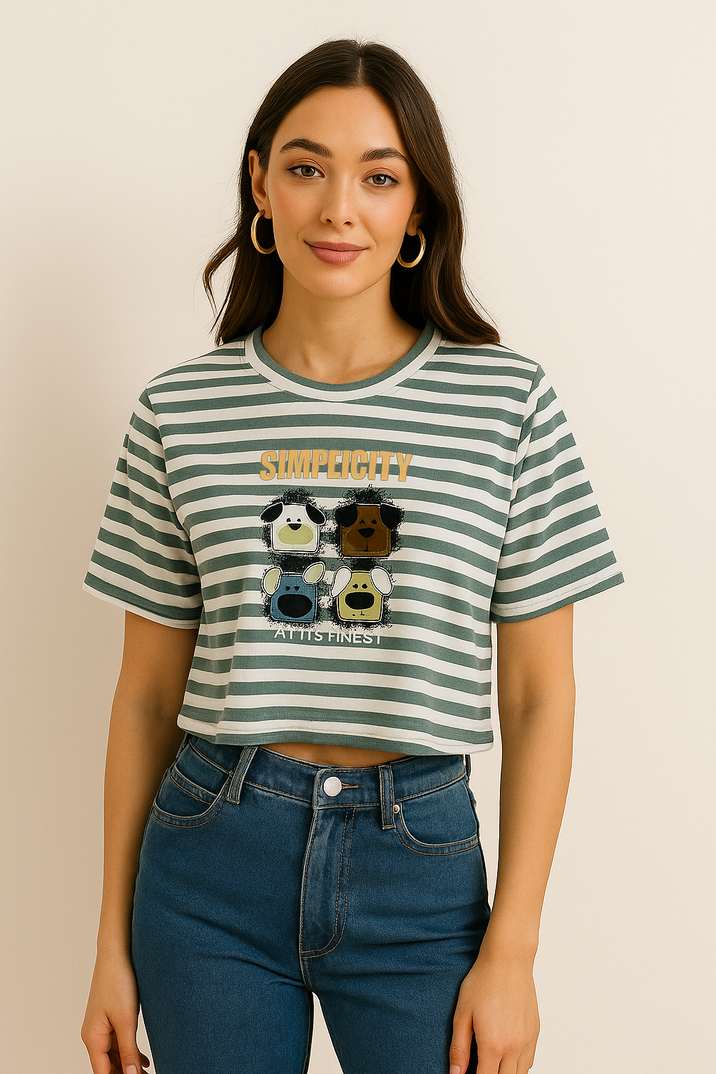 Green & White Striped “SIMPLICITY” Cartoon Tee – Playful Cotton Casual Top