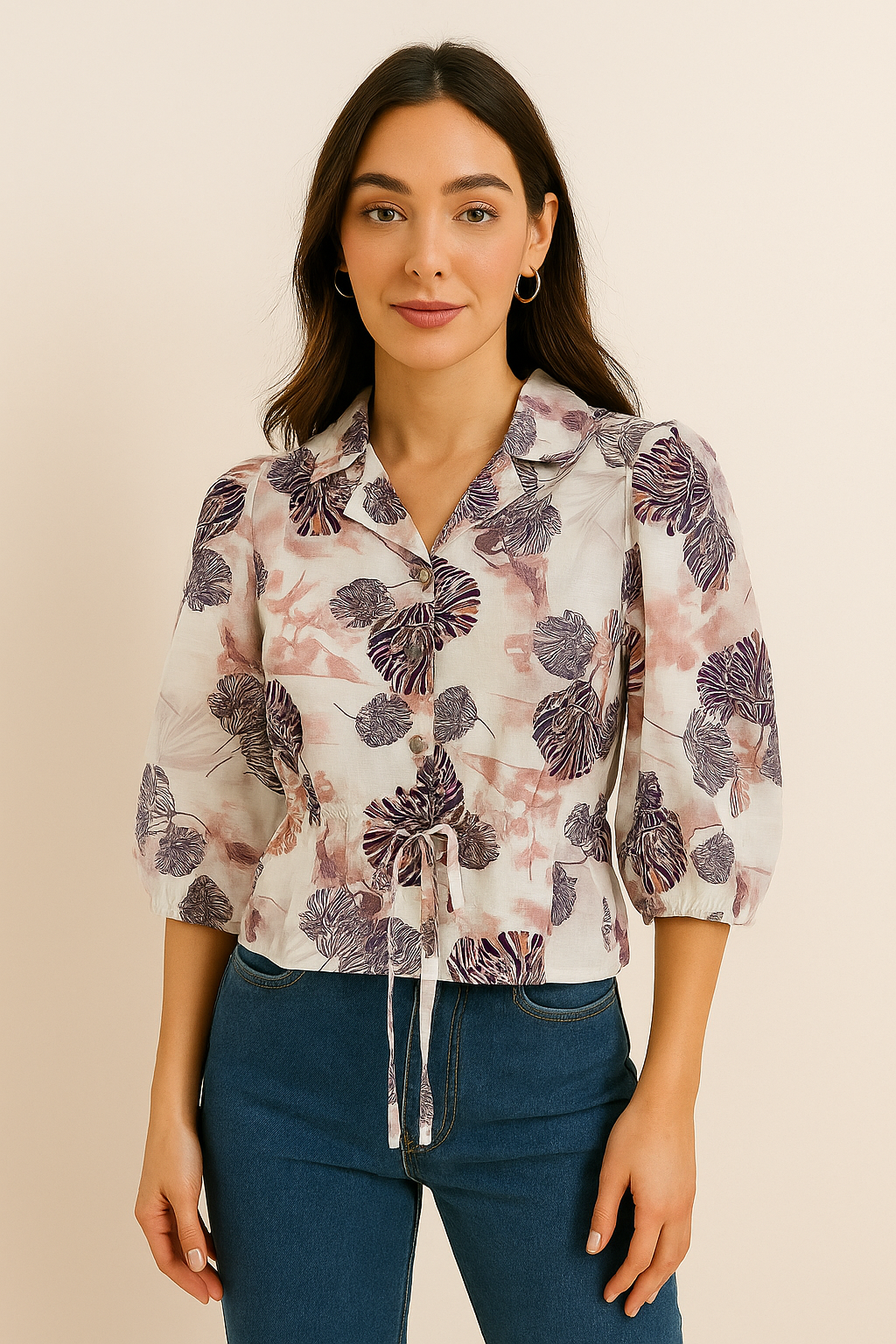 Floral Print Button-Down Crop Top with Drawstring – Puff Sleeve Blouse