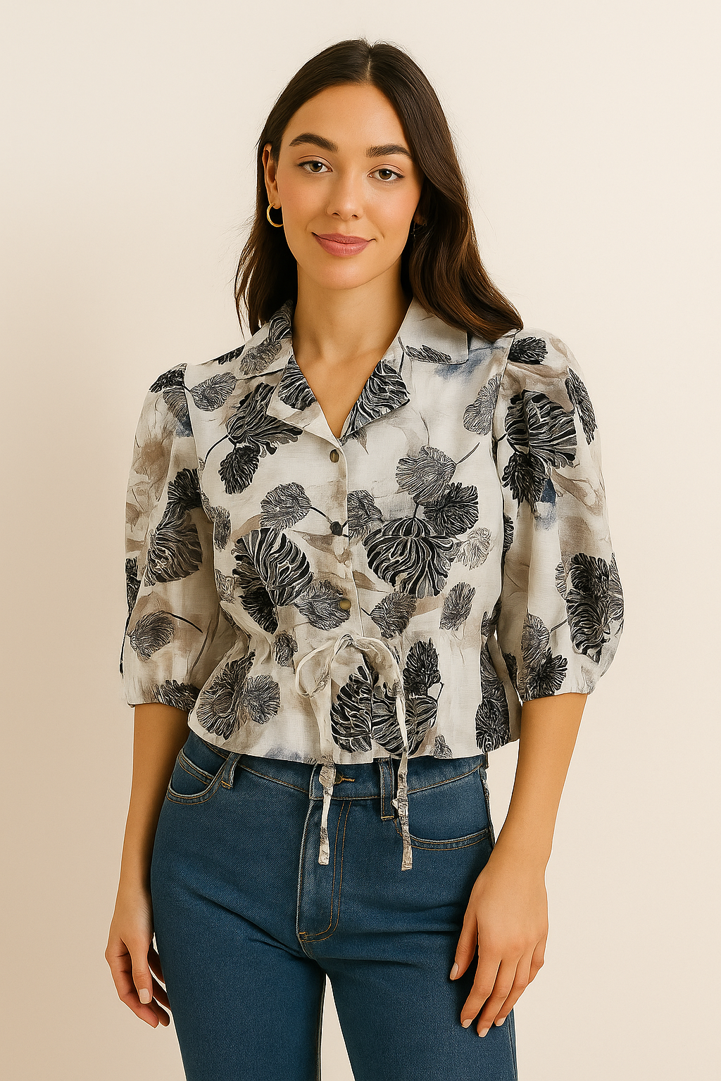 Monochrome Floral Crop Top – Button-Down Puff Sleeve Shirt with Drawstring
