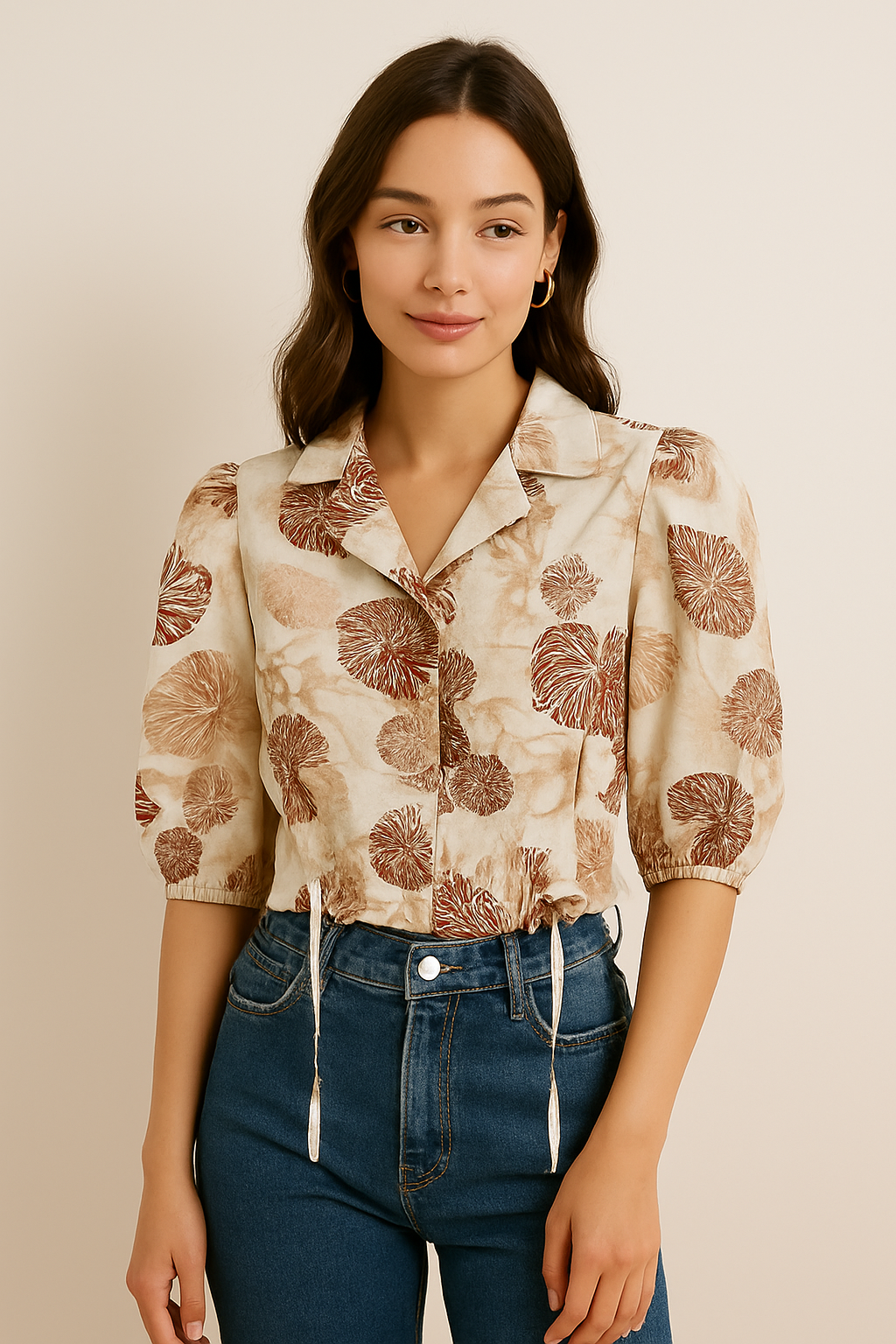 Earthy Brown Floral Crop Top – Puff Sleeve Button Shirt with Waist Tie